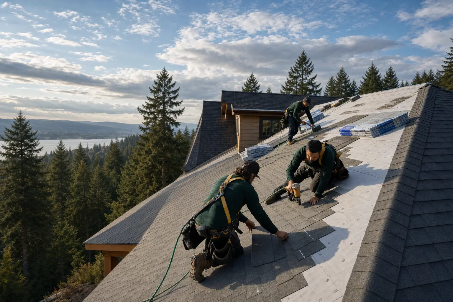 Roofing crew installing architectural shingles on an Oregon home