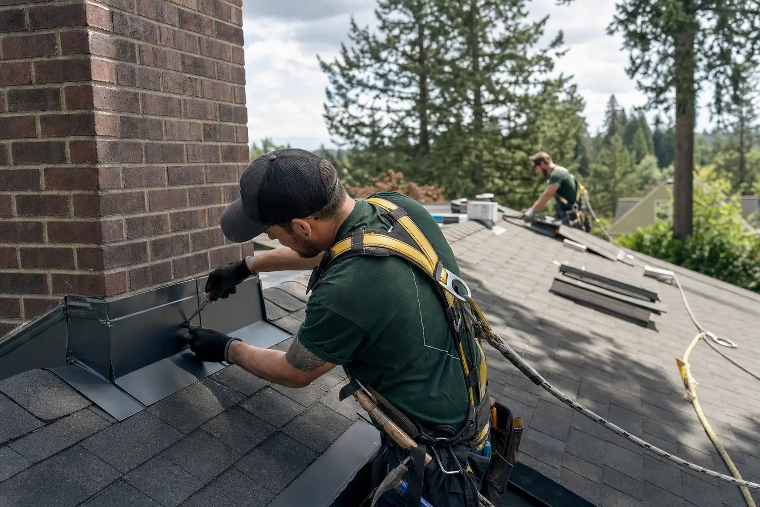 Roofing technician repairing metal flashing around a brick chimney in Oregon City