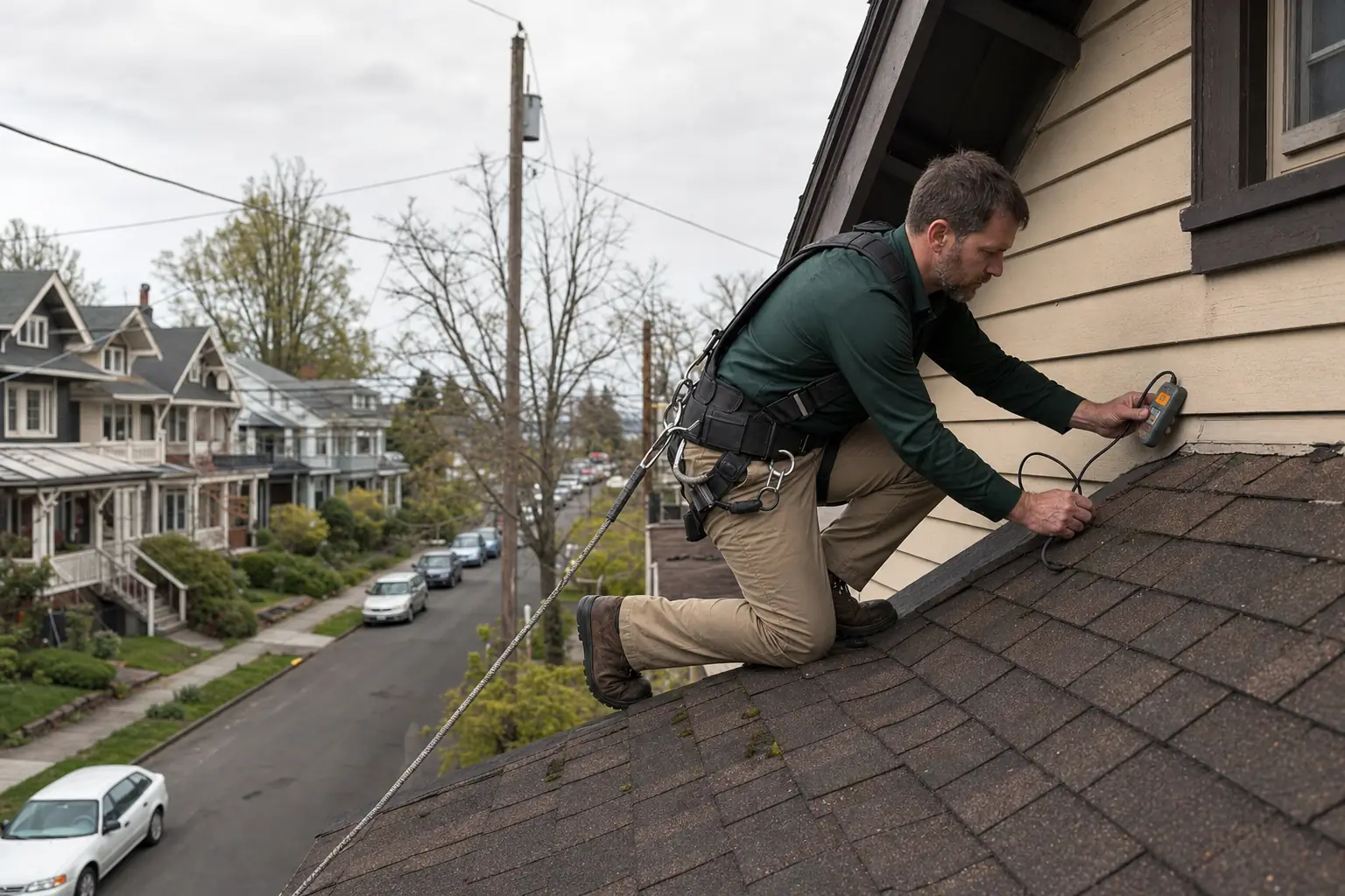 Roofing technician inspecting moisture and flashing at a roof sidewall in Oregon City