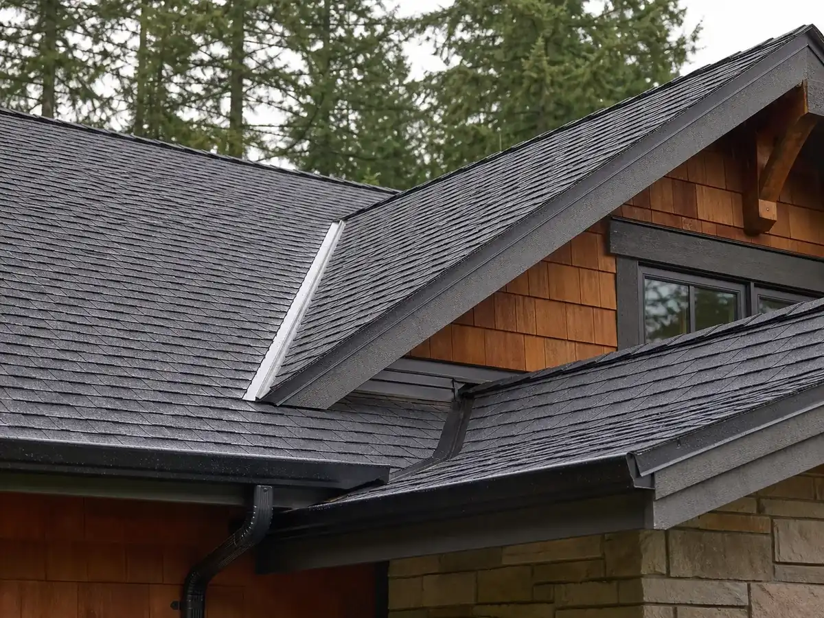 Architectural shingles, valley flashing and gutters on an Oregon roof